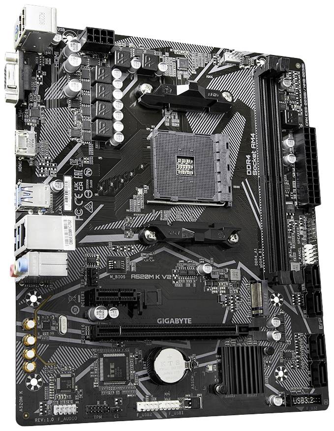 Computer-Mainboard von Gigabyte mit mehreren Anschlussoptionen und einem AM4-Sockel, geeignet für Ryzen-CPUs und DDR4-RAM.