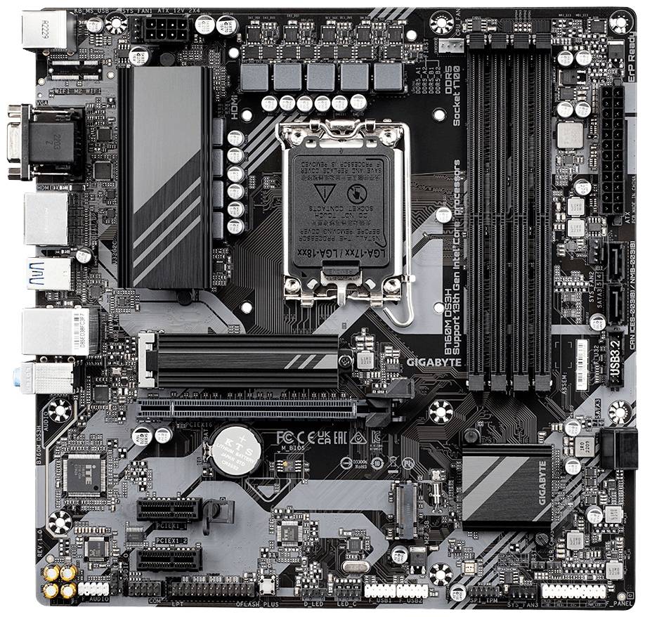 Computer-Mainboard von oben mit mehreren PCIe-Steckplätzen, RAM-Slots und einem CPU-Sockel. Zahlreiche Anschlüsse und elektronische Komponenten sind sichtbar.