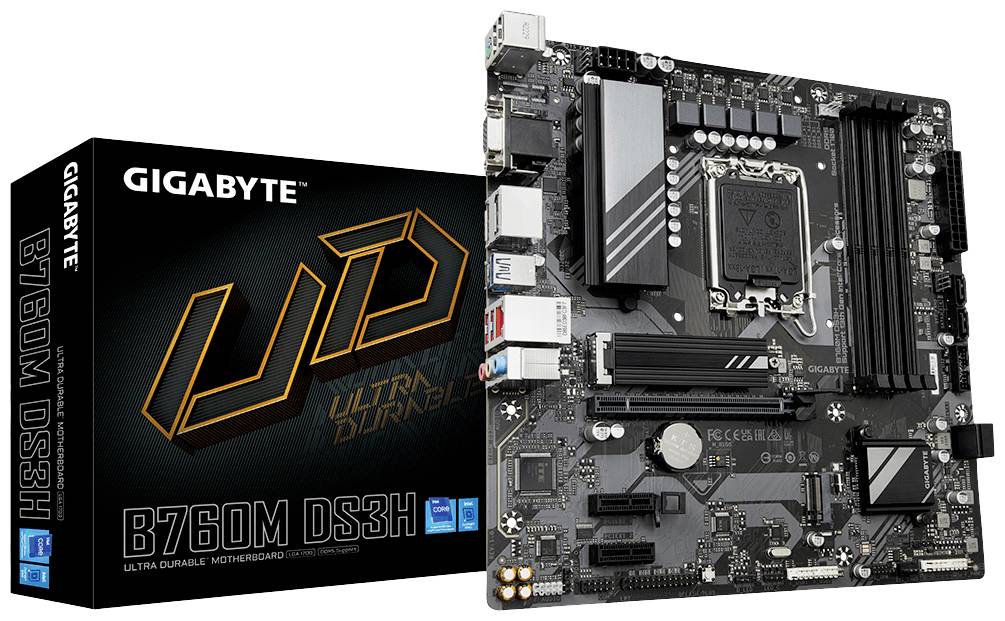 Gigabyte B760M DS3H Mainboard neben Verpackung, zeigt Anschlüsse und Bauteile.