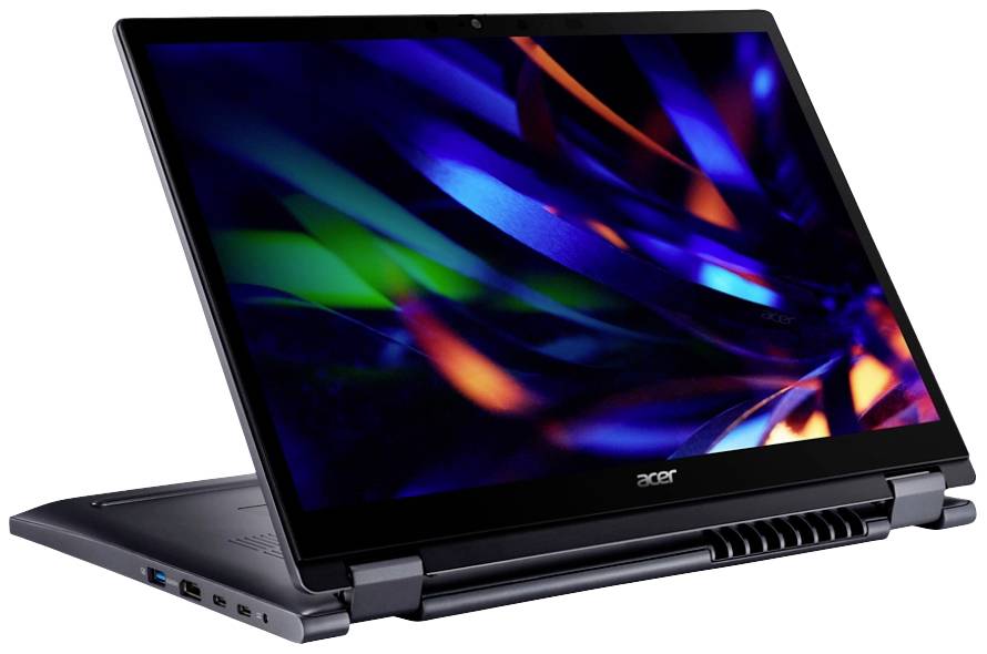 Ein Laptop mit einem bunten, abstrakten Hintergrund auf dem Bildschirm. Das Gerät ist teilweise aufgeklappt und zeigt seitliche Anschlüsse.