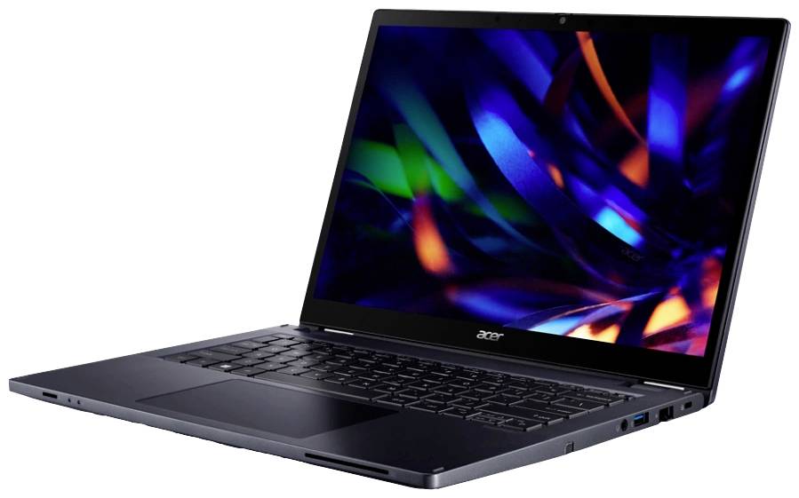 Ein moderner Laptop mit geöffneter Bildschirm zeigt ein abstraktes, buntes Muster auf dem Monitor. Gehäuse ist dunkelgrau.