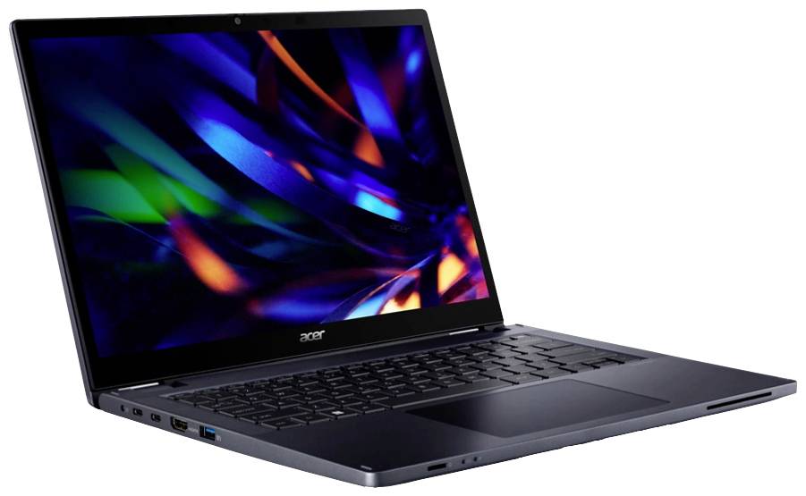 Ein moderner Laptop mit einem bunten, abstrakten Bildschirmhintergrund, seitlich von schräg vorne fotografiert.