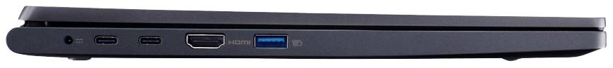 Ein seitliches Profil eines schlanken Laptops zeigt verschiedene Anschlüsse: zwei USB-C, ein HDMI und ein USB-A.