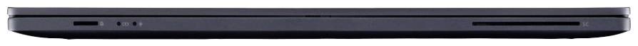 Ein seitlicher Blick auf ein geschlossenes Laptop, mit sichtbaren Anschlüssen und einem schlanken, schwarzen Design.