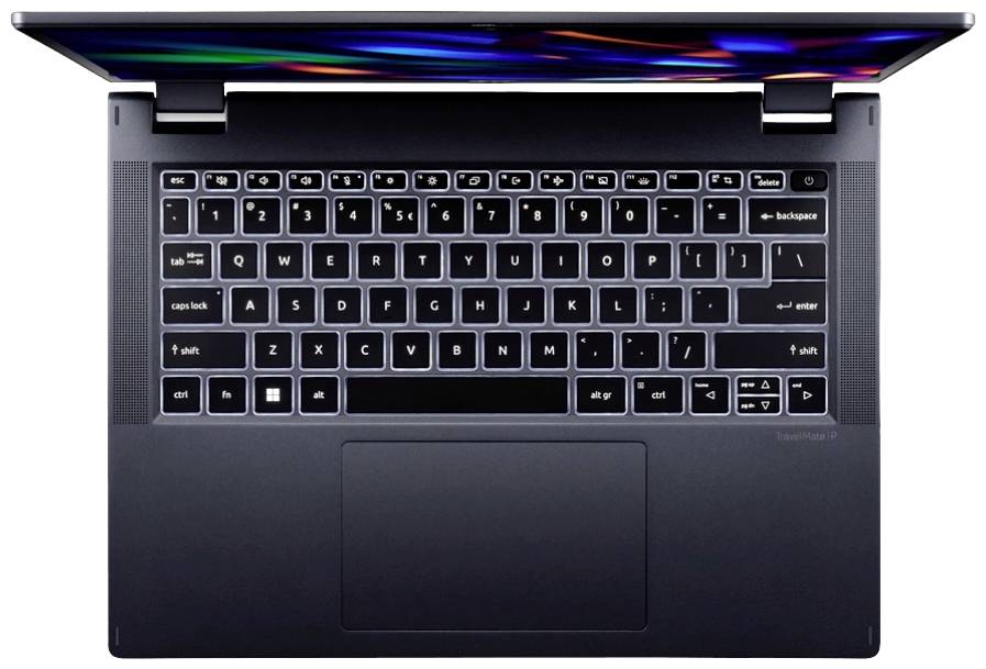 Ein Laptop von oben mit geöffnetem Display. Sichtbar sind Tastatur, Trackpad und Scharniere. Die Tasten sind in QWERTZ-Layout angeordnet.
