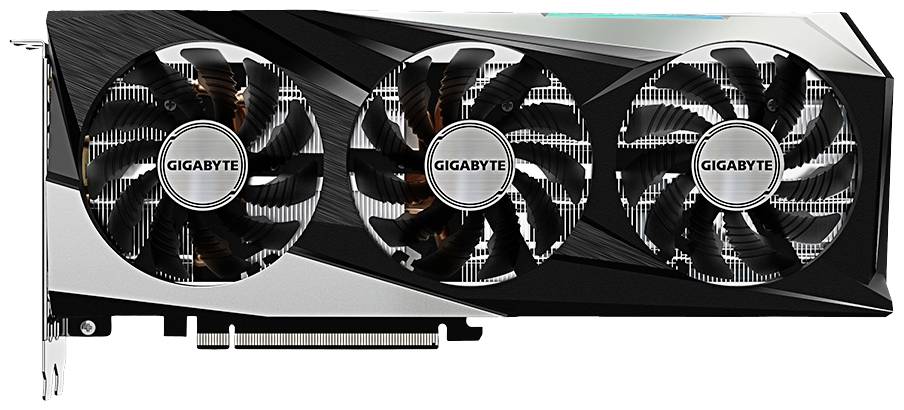 Eine Grafikkarte von Gigabyte mit drei Lüftern in Schwarz und Silber.