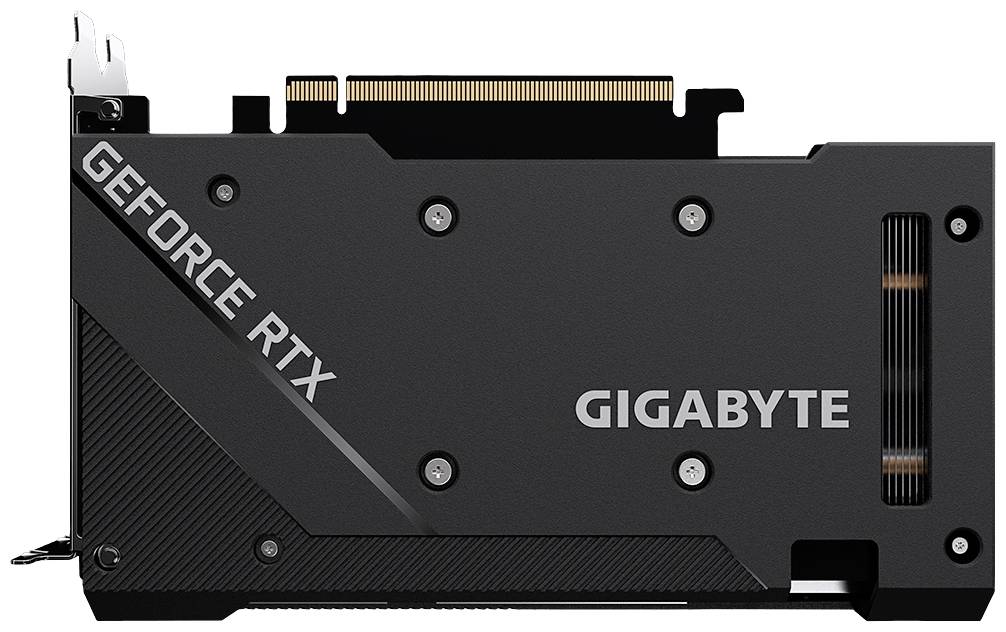 Rückansicht einer Gigabyte GeForce RTX Grafikkarte mit schwarzem Design und Markennamen.