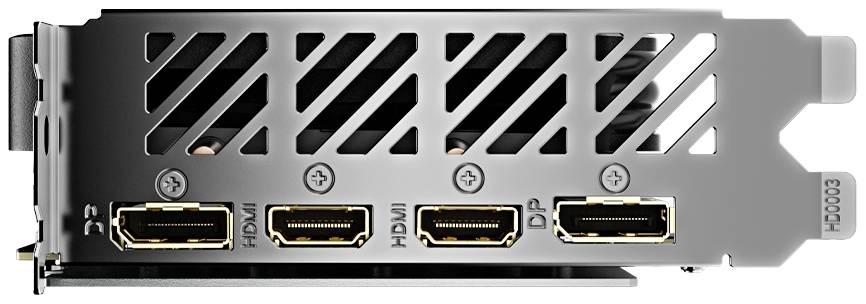 Eine Grafikkarte mit schwarzem Kühlkörper und vier Anschlussmöglichkeiten: drei DisplayPorts und ein HDMI-Anschluss.