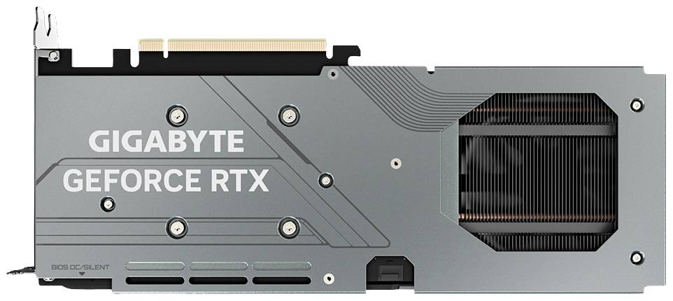 Grafikkarte von Gigabyte, Modell GeForce RTX, Rückseite mit Lüftungsschlitzen und Markenaufdruck.