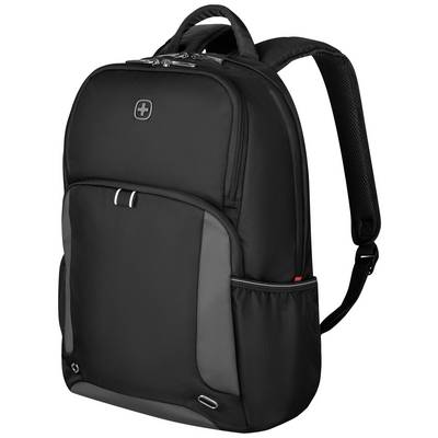 Ein schwarzer Rucksack mit grauen Details und einem kleinen weißen Logo auf der Vorderseite, geeignet für Laptops und Reisen.