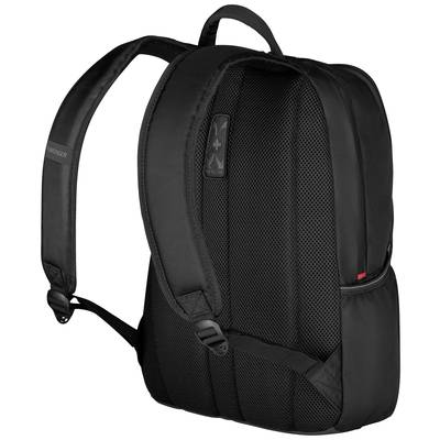 Ein schwarzer Rucksack mit gepolsterten Schulterriemen, Seitenfach und Lüftungsnetz an der Rückenpartie, für den täglichen Gebrauch.