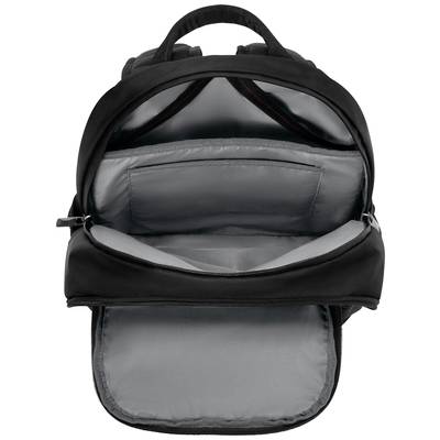Schwarzer Rucksack mit geöffnetem Hauptfach und sichtbaren grauen Innenfächern, geeignet für Laptop-Aufbewahrung.