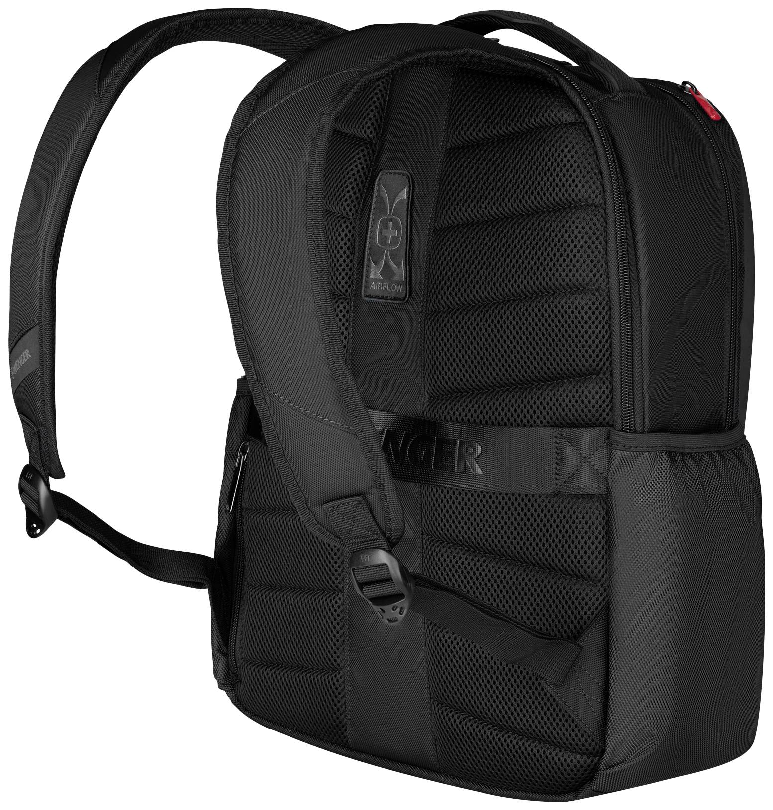 Ein schwarzer Rucksack mit gepolsterten Schultergurten und einer kleinen Reißverschlusstasche auf der Vorderseite.