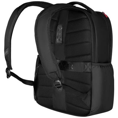 Ein schwarzer Rucksack mit gepolsterten Schultergurten und einer kleinen Reißverschlusstasche auf der Vorderseite.