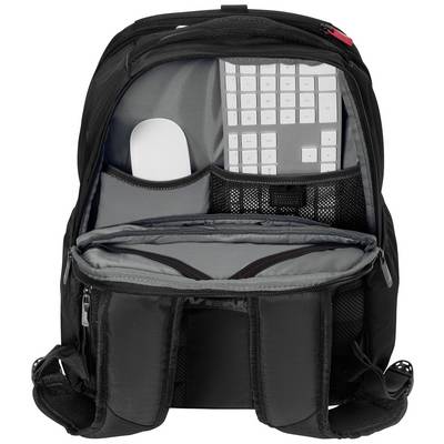 Ein offener schwarzer Rucksack mit einem sichtbaren weißen Computerkeyboard und einer Maus in einem Innenfach.