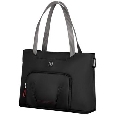 Eine schwarze Handtasche mit grauen Griffen und einem roten Akzent auf der Fronttasche, geeignet für den täglichen Gebrauch.