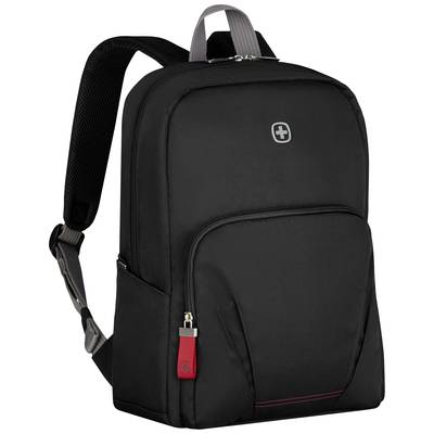 Ein schwarzer Rucksack mit zwei Riemen und Reißverschlüssen. Er hat ein kleines Logo auf der Vorderseite und eine rote Etikettenschlaufe.