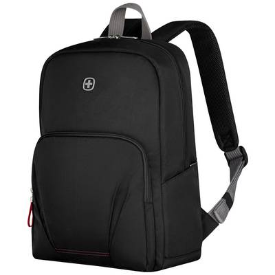 Schwarzer Rucksack mit einem grauen Tragegriff und zwei gepolsterten Schultergurten. Vorderfach mit Reißverschluss auffällig.