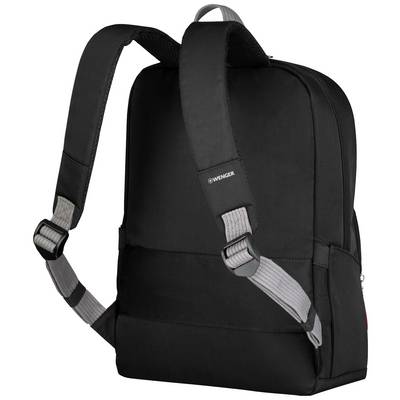 Ein schwarzer Rucksack mit grauen Schultergurten und einem dezenten Logo auf der Rückseite, vor einem neutralen Hintergrund.