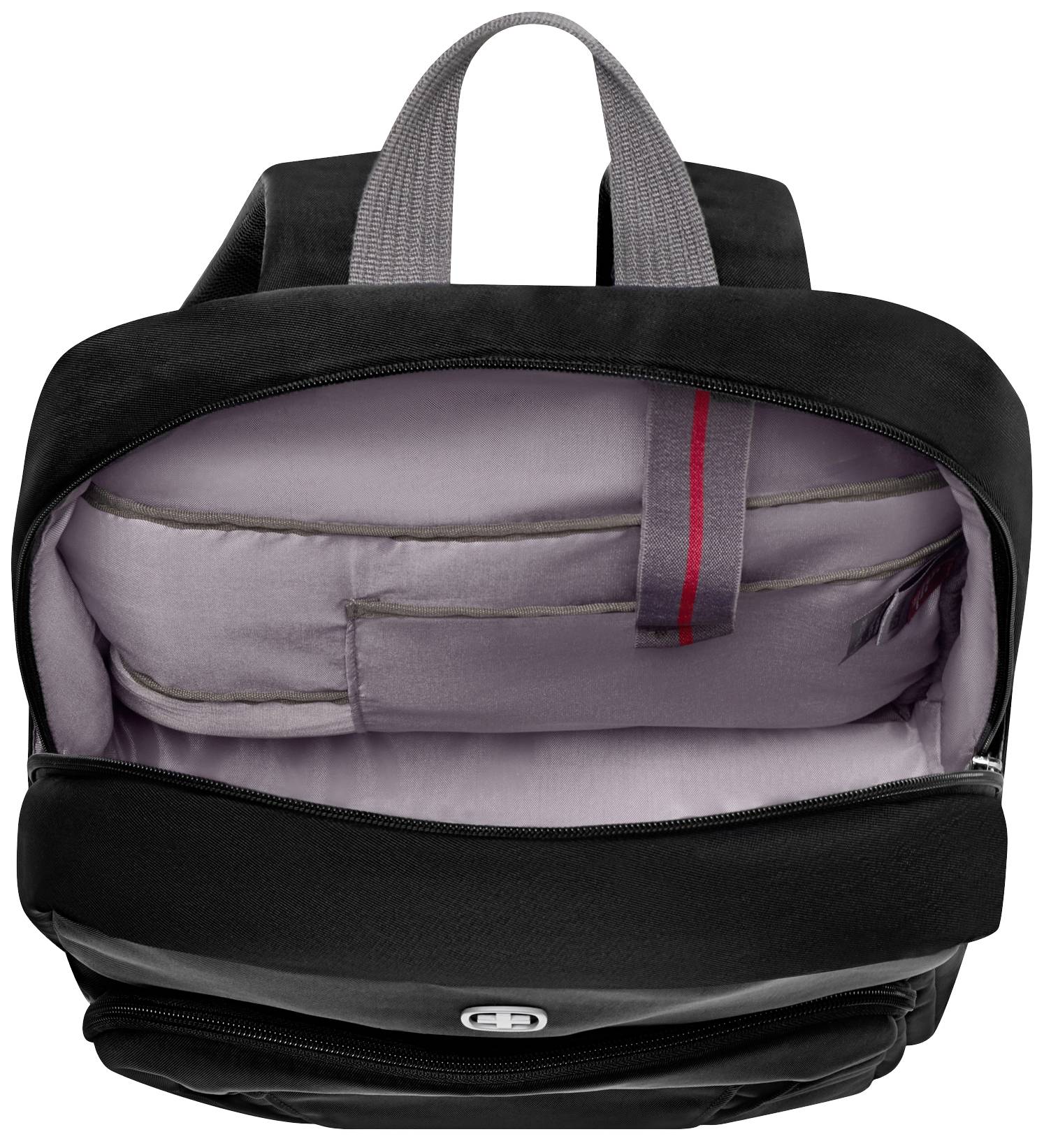 Ein stilvoller schwarzer Rucksack mit grauem Innenfutter und mehreren Fächern, ideal für die Aufbewahrung von Laptop und persönlichen Gegenständen.