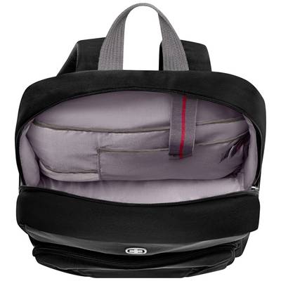 Ein stilvoller schwarzer Rucksack mit grauem Innenfutter und mehreren Fächern, ideal für die Aufbewahrung von Laptop und persönlichen Gegenständen.