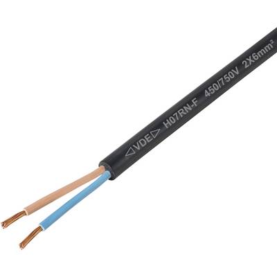 Ein schwarzes Kabel mit der Aufschrift 'H07RN-F 450/750V 2x6mm² VDE', an dessen Ende blanke Kupferdrähte sichtbar sind: ein orangefarbener und ein blauer Draht.