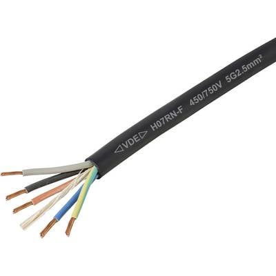 Ein schwarzes elektrisches Kabel mit mehreren farbigen Innendrähten, gekennzeichnet mit 'VDE H07RN-F 450/750V 5G2.5mm²', welches seine Spezifikationen repräsentiert.