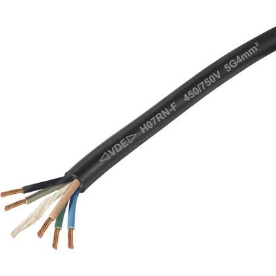 Elektrisches Kabel mit schwarzer Ummantelung, zeigt fünf verschiedenfarbige freiliegende Drähte. Beschriftet mit 'VDE H07RN-F 450/750V 5G4mm²'.