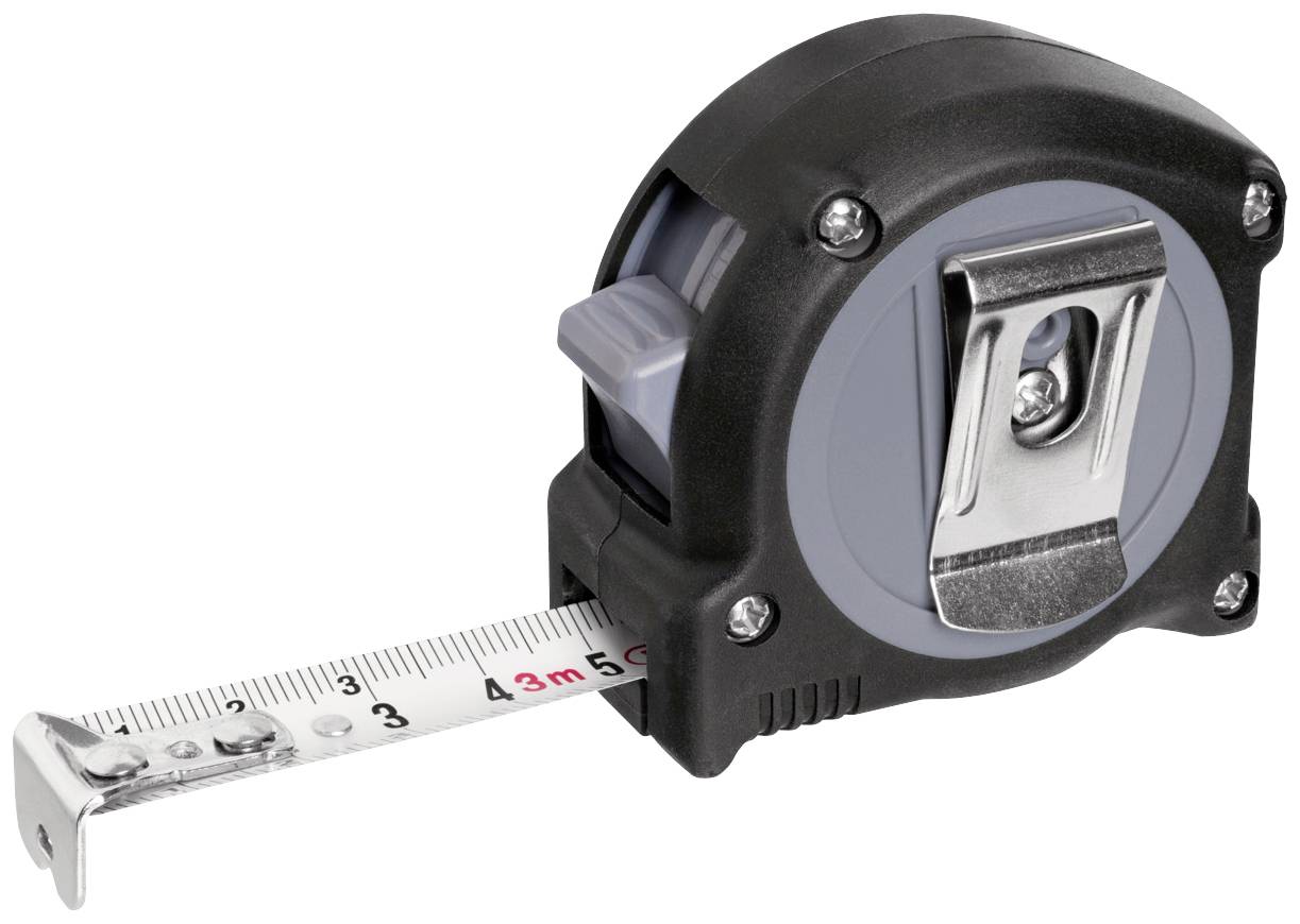 Schwarzes und graues Maßband, teilweise ausgefahren, zeigt Zentimeter- und Zollskala. Used for precise measurements.