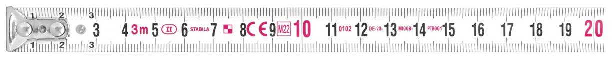 Messband mit Zentimeter-Markierungen von 0 bis 20, zeigt CE-Kennzeichen und Metrologie-Logo, wichtig für genaue Messungen.