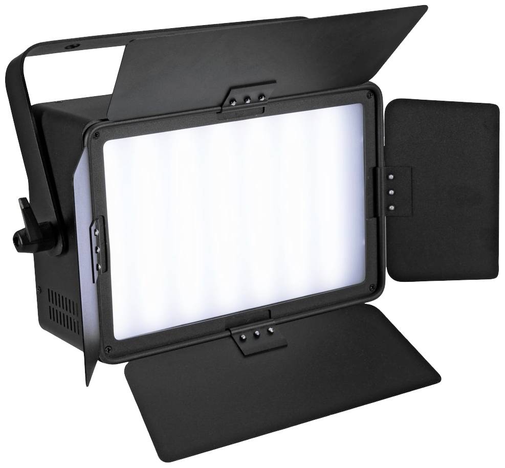 Ein rechteckiges LED-Studio-Licht mit verstellbarem Metallrahmen, das gleichmäßige Beleuchtung bietet. Ideal für Foto- und Filmaufnahmen.