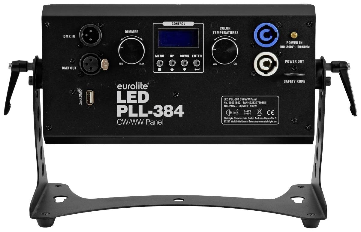 'Eurolite LED PLL-384' Lichtpanel mit verschiedenen Anschlüssen und Bedienelementen, geeignet für unterschiedliche Farbtemperaturen.