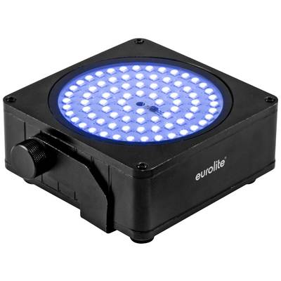 Schwarzes LED-Lichtgerät mit blau leuchtender Fläche, Markenname 'eurolite' an der Seite, auf einer weißen Oberfläche.