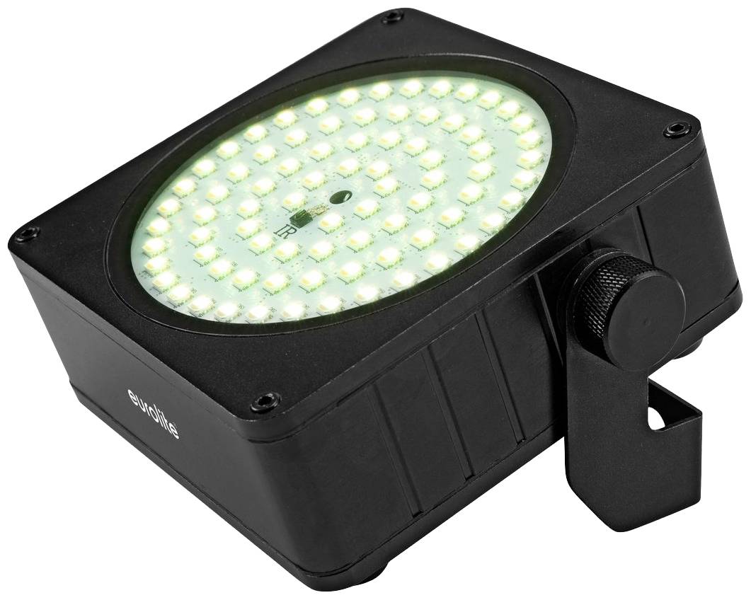 Schwarzer LED-Scheinwerfer mit vielen kleinen Leuchten, geeignet für Bühnen- und Eventbeleuchtung, zeigt grünlich-weißes Licht.