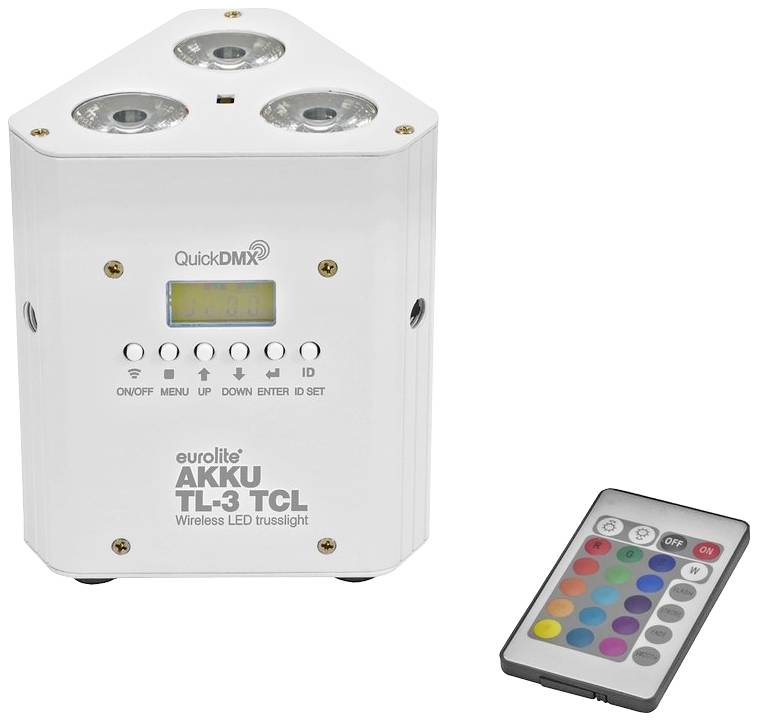 Dreieckige LED-Leuchte mit kabelloser Steuerung; drei Lichtflächen. Enthält eine Fernbedienung mit bunten Tasten und Ein/Aus-Schalter.