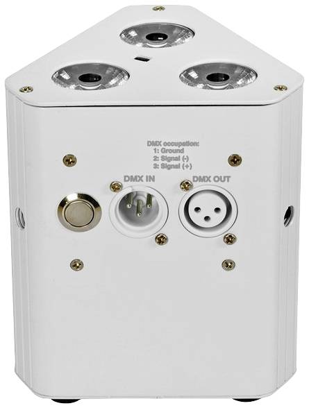 Ein weißes, dreieckiges Gerät mit drei Anschlüssen oben, einer DMX IN/OUT-Buchse und einer goldenen Taste an der Vorderseite.