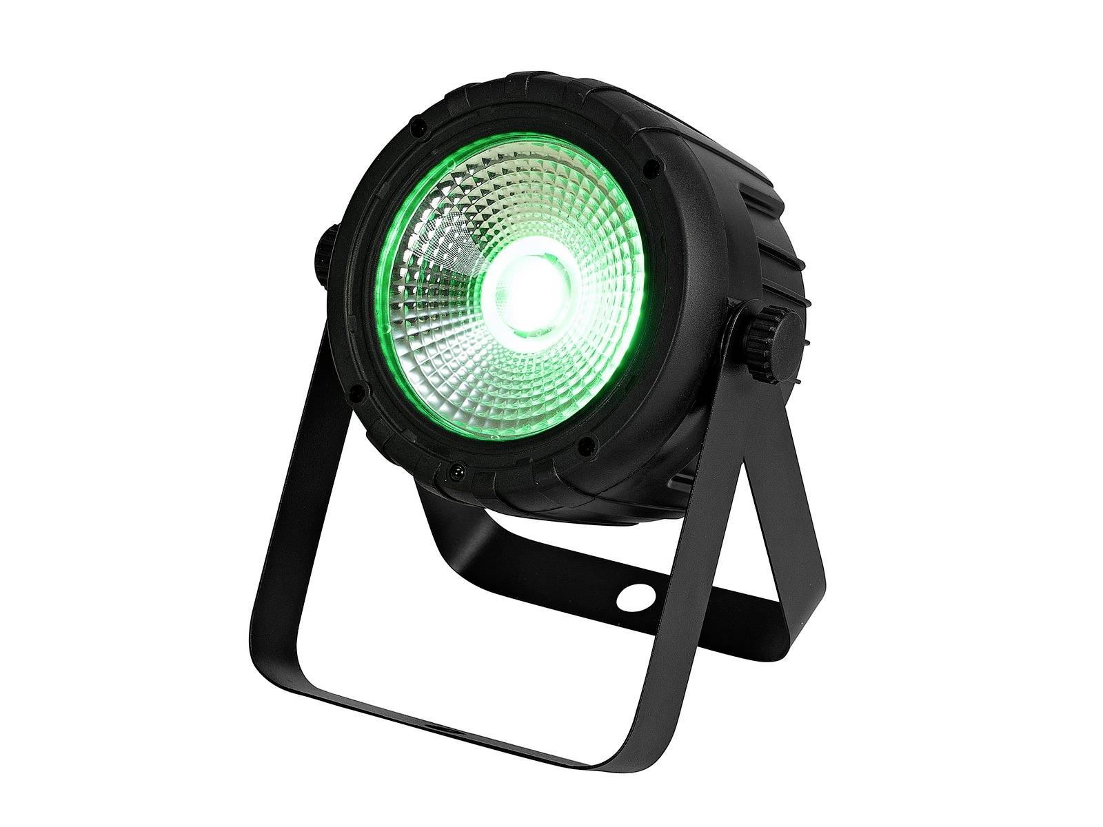 Ein schwarzer LED-Scheinwerfer mit grünem Licht, montiert auf einem verstellbaren Ständer, geeignet für Bühnenbeleuchtung.