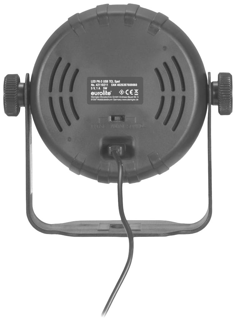 Ein schwarzer LED-Strahler von hinten mit einem Kabel, befestigt an einem Ständer.