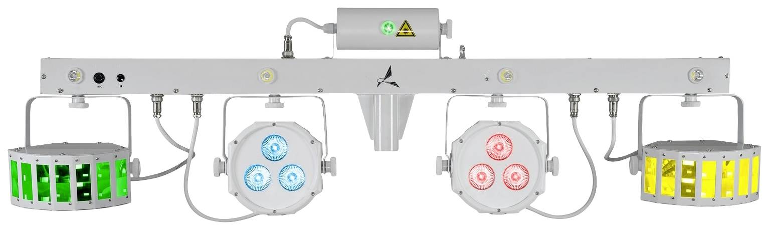 Ein Lichtsystem mit vier Scheinwerfern in den Farben Grün, Blau, Rot und Gelb, montiert auf einer weißen Metallstange.