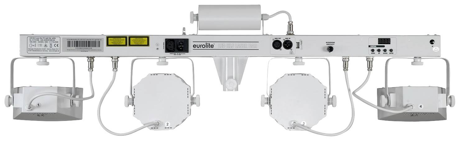 Ein weißes Lichteffektgerät mit vier Scheinwerfern, mehreren Bedienelementen und Anschlüssen, geeignet für Bühnenbeleuchtung.