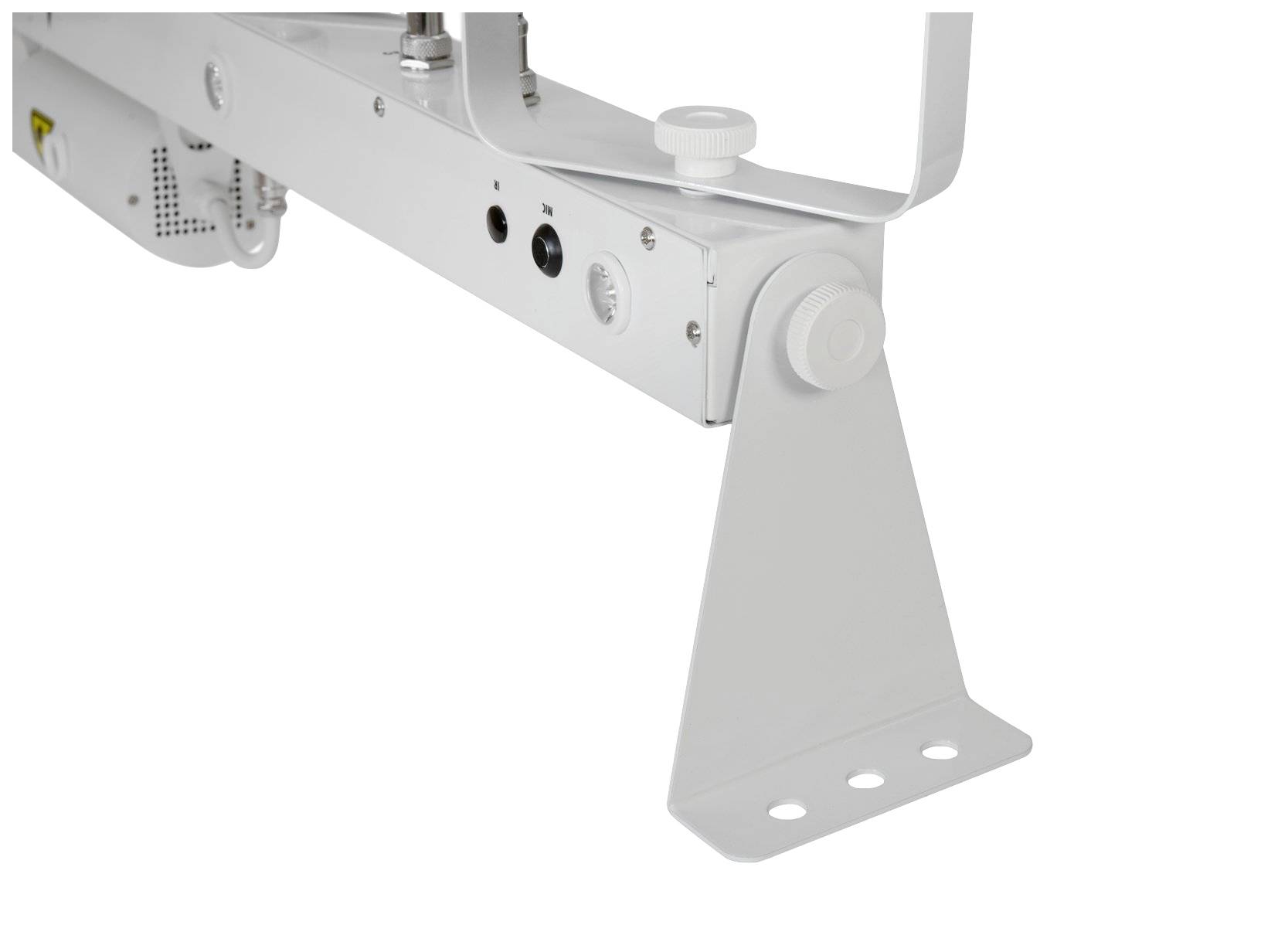 Teil einer weißen, metallischen Halterung mit Schrauben und elektrischen Anschlussmöglichkeiten auf einer Querstange.