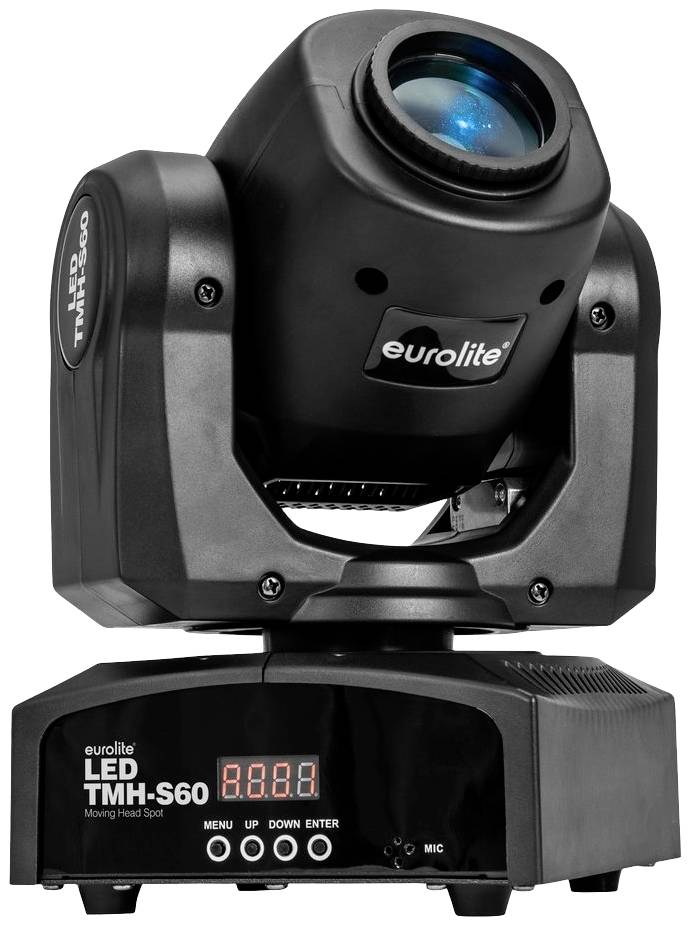 Eine schwarze LED-Lichtmaschine mit farbigem Lichtobjektiv, Markenname 'Eurolite TMH-S60', auf rechteckiger Basis mit Bedienelementen.