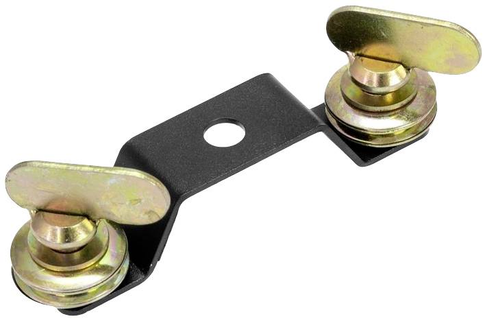 Ein schwarzes Metallteil mit zwei goldfarbenen Schraubenköpfen daran befestigt; zentral ein Loch zur Befestigung.