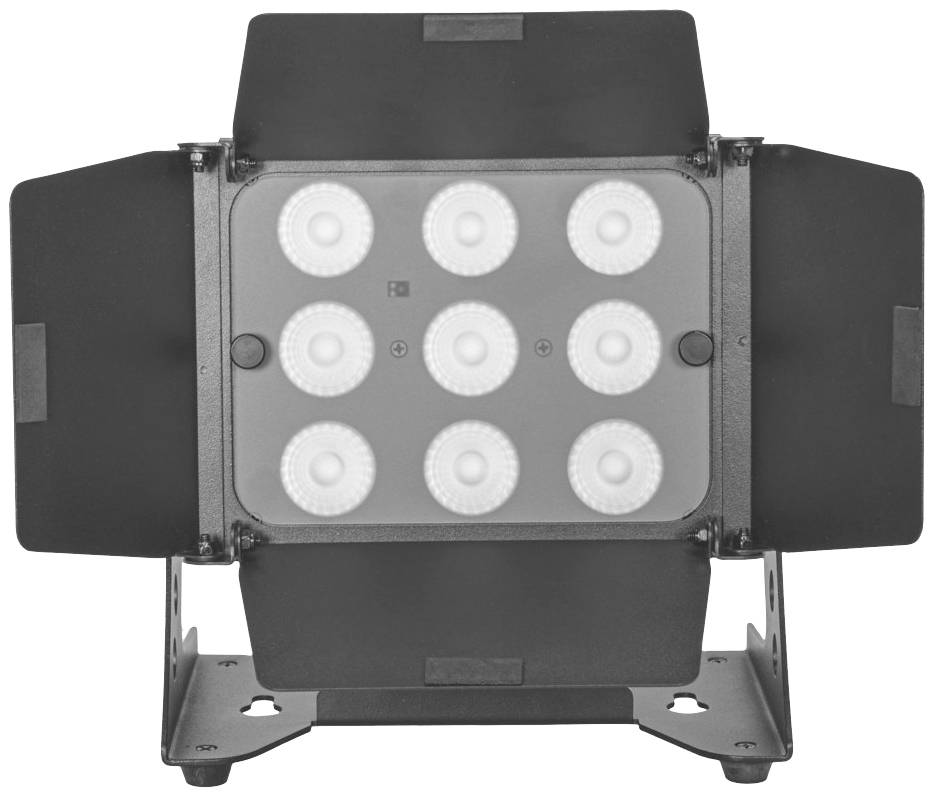 Professionelle Studioleuchte mit acht runden LED-Lampen und verstellbaren Blendenklappen zur Lichtsteuerung. Ideal für Fotografie.