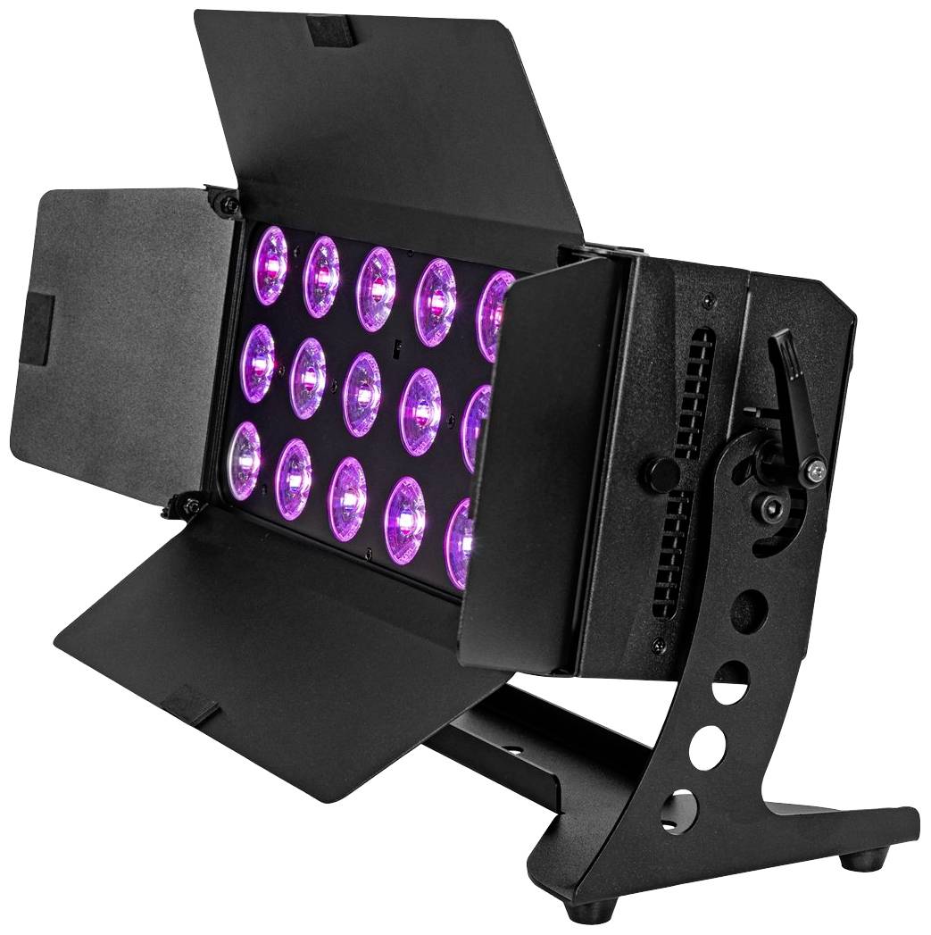 Ein schwarz lackierter Bühnenscheinwerfer mit mehreren lila leuchtenden LED-Lichtern, umrandet von verstellbaren Klappen.