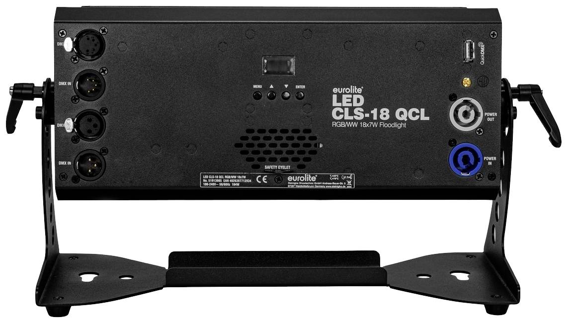 Rückansicht eines LED-Strahlers von Eurolite mit mehreren Anschlüssen und Bedienelementen. Modell CLS-18 QCL.