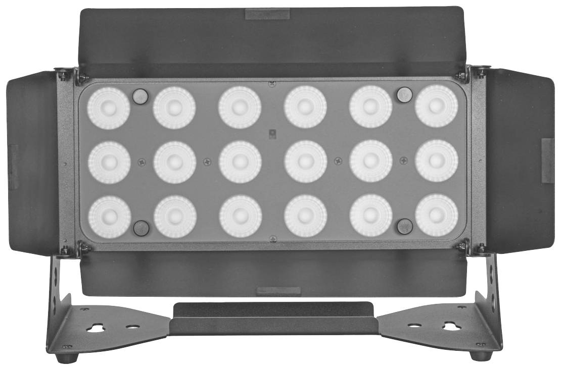 Ein rechteckiger Scheinwerfer mit 16 runden LED-Lampen, montiert auf einem verstellbaren Ständer, geeignet für Bühnenbeleuchtung.