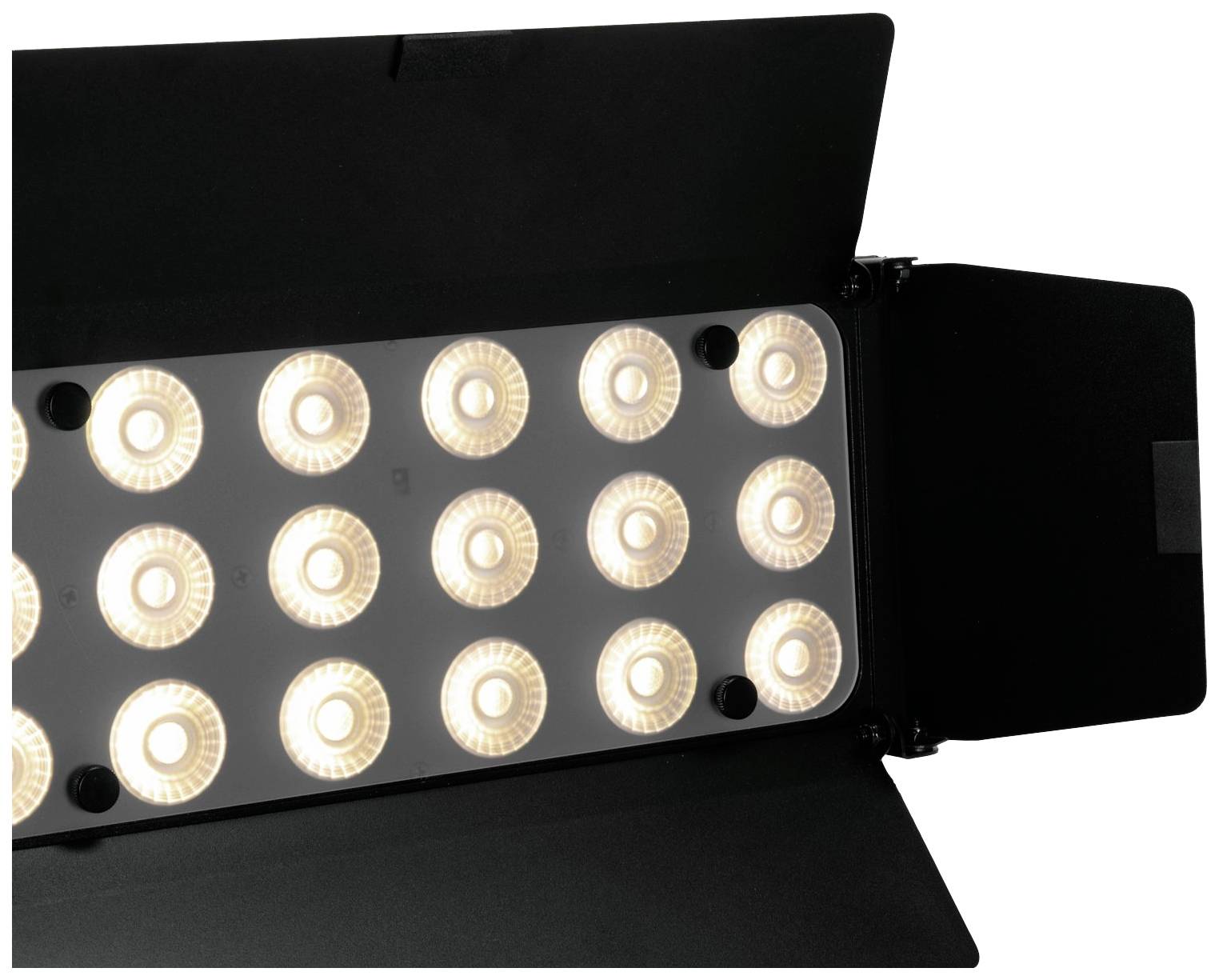 LED-Lichtpanel mit Reihe von hell leuchtenden Lichtern und schwarzen Abdeckungen an den Seiten für gerichtete Beleuchtung.