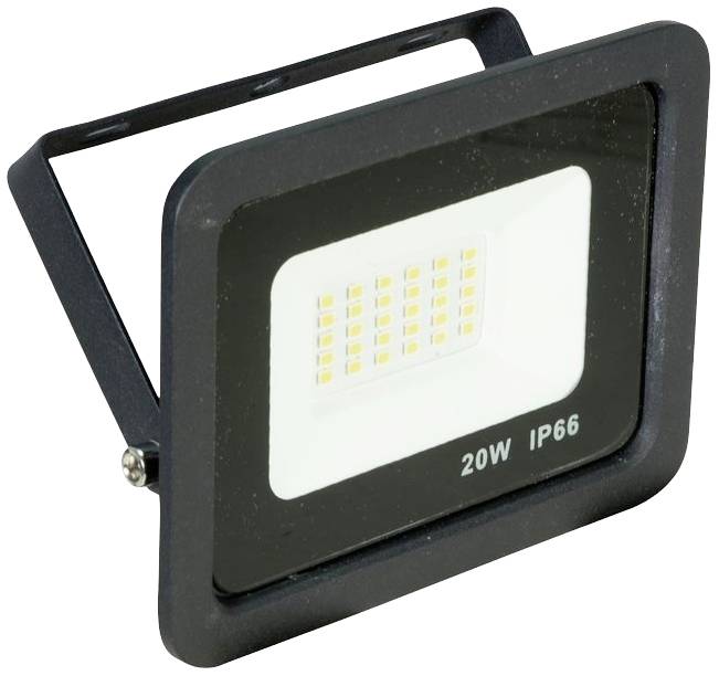 Flutlichtstrahler mit schwarzem Gehäuse, LED-Licht innen. Aufschrift: '20W IP66', geeignet für Außenbeleuchtung.