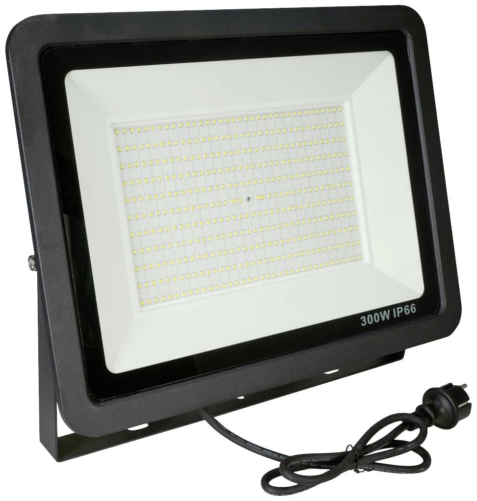 Ein schwarzer LED-Flutlichscheinwerfer mit 300W Leistung und IP66-Schutz, inklusive Netzkabel. Ideal für Außenbeleuchtung.